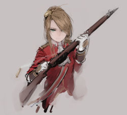 Rule 34 | &gt;:(, bolt action, brown hair, closed mouth, collar, eyes visible through hair, girls&#039; frontline, gloves, green eyes, grey background, gun, hair ornament, hair over one eye, holding, holding gun, holding weapon, jacket, lee-enfield, lee-enfield (girls&#039; frontline), long hair, long sleeves, military, military uniform, rampart1028, red jacket, rifle, shell casing, simple background, solo, uniform, united kingdom, upper body, weapon, white gloves