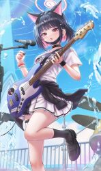 Rule 34 | 1girl, absurdres, animal ears, bass guitar, black choker, black footwear, black hair, black jacket, blue archive, blush, cat ears, choker, clothes around waist, colored inner hair, extra ears, foot out of frame, hair ornament, hairclip, highres, holding, holding instrument, instrument, jacket, jacket around waist, kazusa (band) (blue archive), kazusa (blue archive), microphone, multicolored hair, open mouth, pink hair, pleated skirt, red eyes, shirt, shoes, short hair, short sleeves, skirt, solo, wajuniorbox, white shirt, white skirt