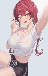 Rule 34 | 1girl, :d, absurdres, arm up, black shorts, blush, breasts, casual, cleavage, collarbone, dolphin shorts, drawstring, fang, hand up, heterochromia, highres, hololive, houshou marine, large breasts, long hair, looking at viewer, navel, o-los, open mouth, red eyes, red hair, selfie, shirt, short shorts, shorts, sitting, smile, solo, stomach, twintails, upshirt, virtual youtuber, w, white shirt, yellow eyes