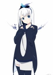 Rule 34 | 1girl, black thighhighs, blue eyes, collarbone, hands on own chest, head tilt, long hair, looking at viewer, original, signature, silver hair, simple background, sleeves past wrists, so shina, sohin, solo, thighhighs, white background