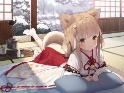 Rule 34 | 1girl, :3, alcohol, animal ears, bell, blonde hair, blush, brown eyes, choko (cup), closed mouth, commentary request, cup, day, dog ears, dog girl, dog tail, eyelashes, full body, hakama, japanese clothes, jingle bell, leg up, long hair, long sleeves, looking at viewer, lying, miko, on bed, on stomach, original, pillow, pot, red hakama, rope, sake, shimenawa, sidelocks, snowing, socks, solo, tail, tatami, tokuno yuika, tree, winter