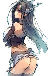 Rule 34 | 10s, 1girl, ass, bare shoulders, black hair, breasts, clothes lift, elbow gloves, gloves, kantai collection, large breasts, long hair, looking at viewer, midriff, miniskirt, nagato (kancolle), no panties, red eyes, skirt, skirt lift, solo, thighhighs, ukyo rst