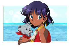 Rule 34 | 1girl, animal, artist name, bob cut, bracelet, close-up, cloud, commentary, cropped torso, dark-skinned female, dark skin, earrings, from side, fushigi no umi no nadia, green eyes, hair ornament, hairclip, holding, holding animal, hoop earrings, jewelry, king (nadia), kuuma25 kuma, light smile, lion, lion cub, looking at viewer, looking to the side, nadia la arwall, neck ring, neckerchief, ocean, one eye closed, outside border, portrait, purple hair, red neckerchief, red vest, short hair, signature, sky, smile, solo, sparkle, trim marks, twitter username, vest