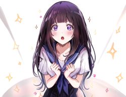 Rule 34 | 1girl, absurdres, black skirt, blue sailor collar, blush, breasts, chitanda eru, collarbone, highres, hyouka, long hair, looking at viewer, open mouth, purple eyes, purple hair, sailor collar, sak (lemondisk), shirt, short sleeves, skirt, solo, sparkle, white shirt