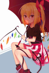 Rule 34 | 1girl, black shirt, black socks, blonde hair, blush, bow, bracelet, brown eyes, blowing bubbles, flandre scarlet, gem, hair between eyes, hair bow, holding, holding umbrella, jewelry, long hair, looking at viewer, parasol, pink skirt, pointy ears, red bow, red footwear, shirt, shoes, side ponytail, sidelocks, sitting, skirt, sneakers, socks, solo, striped clothes, striped skirt, t-shirt, touhou, transistor, tsurime, umbrella, vertical-striped clothes, vertical-striped skirt, white skirt, wings