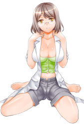 Rule 34 | 1girl, barefoot, breasts squeezed together, breasts, brown hair, cleavage, feet, fujisaka kuuki, glasses, kneeling, lab coat, large breasts, navel, open clothes, open shirt, shirt, short hair, shorts, sitting, smile, solo, unbuttoned, wariza, yellow eyes