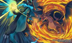 Rule 34 | charizard, claws, commentary, creature, creatures (company), dragon, eye contact, fire, flying, game freak, gen 1 pokemon, looking at another, mega charizard x, mega charizard y, mega pokemon, nintendo, no humans, pokemon, pokemon (creature), sei (seiryuuden)