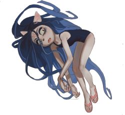 Rule 34 | 1girl, animal ears, bare arms, bare legs, blue hair, claire d&#039;lune, eyeshadow, fangs, fingernails, furry, furry female, highres, long hair, looking at viewer, makeup, mossacannibalis, one-piece swimsuit, open mouth, parted lips, pentagram, sandals, school swimsuit, sharp fingernails, sharp toenails, simple background, solo, swimsuit, the summoning, toenails, very long hair, white background
