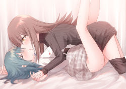 Rule 34 | 2girls, arm up, ass, bed sheet, belt, black belt, black legwear, blue hair, blush, breasts, brown eyes, brown hair, brown sweater, clothes pull, curtains, dress, facing another, french kiss, girl on top, grey skirt, hair between eyes, holding hands, interlocked fingers, kinona, kiss, legs up, long hair, long sleeves, looking at another, lying, medium breasts, multiple girls, on back, original, pantyhose, pantyhose pull, plaid, plaid skirt, profile, ribbed sweater, shirt, skirt, sweater, sweater dress, thighs, turtleneck, turtleneck sweater, white shirt, yuri