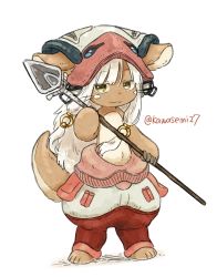 Rule 34 | 1girl, bad id, bad twitter id, brown eyes, full body, furry, furry female, highres, holding, holding polearm, holding spear, holding weapon, kawasemi27, long hair, made in abyss, nanachi (made in abyss), polearm, rabbit, simple background, smile, solo, spear, standing, weapon, white background, white hair