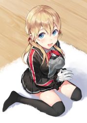 Rule 34 | 1girl, :d, alternate costume, bad id, bad pixiv id, black skirt, black thighhighs, blonde hair, blue eyes, gloves, hair between eyes, highres, kantai collection, long hair, long sleeves, low twintails, military, military uniform, nanotaro, no headwear, no headwear, open mouth, pleated skirt, prinz eugen (kancolle), skirt, smile, solo, thighhighs, twintails, uniform, white gloves