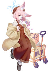 Rule 34 | 1girl, alternate costume, animal ear fluff, animal ears, beret, blue archive, brown hat, brown overalls, cheenack, digital media player, fox ears, full body, grey footwear, hat, highres, jacket, long sleeves, looking at viewer, niko (blue archive), open clothes, open jacket, open mouth, overalls, pink hair, purple eyes, shirt, shoes, short hair, simple background, smile, solo, white background, white shirt, yellow jacket