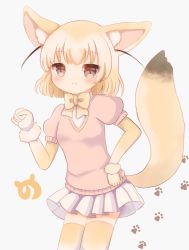 Rule 34 | 1girl, :3, animal ear fluff, animal ears, arm up, blonde hair, blush, bow, bowtie, brown eyes, child, clenched hand, contrapposto, cowboy shot, fennec (kemono friends), fox ears, fox tail, grey background, hand on own hip, highres, japari symbol, kemono friends, light smile, looking at viewer, miniskirt, ogakororomi, paw print, paw print background, pink sweater, pleated skirt, puffy short sleeves, puffy sleeves, shirt, short hair, short sleeves, simple background, skirt, solo, standing, sweater, tail, thighhighs, white shirt, white skirt, wrist cuffs, yellow bow, yellow bowtie, yellow thighhighs, zettai ryouiki