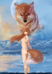 Rule 34 | 1girl, animal ears, ass, bad id, bad pixiv id, breasts, brown hair, holo, long hair, medium breasts, mountain, nude, outstretched hand, red eyes, shikine hiroshi, smile, snow, solo, spice and wolf, tail, wolf, wolf ears, wolf tail, yamabuki ryuu