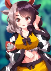 Rule 34 | 1girl, black hair, blush, breasts, collarbone, cow horns, grey hair, haori, highres, horns, japanese clothes, large breasts, long sleeves, medium hair, open mouth, red eyes, red horns, ruu (tksymkw), smile, solo, touhou, upper body, ushizaki urumi, wide sleeves