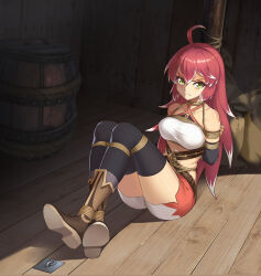 Rule 34 | 1girl, absurdres, angry, bad source, bdsm, black leggings, bondage, boots, bound, bra, brown footwear, captured, didnapper, highres, kidnapped, leggings, pout, red hair, shibari, shinebell, short shorts, shorts, solo, underwear, white bra, yellow eyes