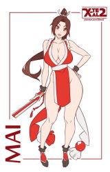 Rule 34 | 1girl, bare shoulders, breasts, brown eyes, brown hair, character name, cleavage, folded fan, contrapposto, hand fan, fatal fury, female focus, flat color, folding fan, full body, hand on own hip, japanese clothes, large breasts, long hair, looking at viewer, matching hair/eyes, no bra, no panties, open mouth, pelvic curtain, ponytail, revealing clothes, shiranui mai, solo, standing, the king of fighters, watermark, web address, white background, wide sleeves, x-t3al