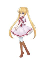 Rule 34 | 1girl, absurdres, back bow, blonde hair, blue eyes, blush, boots, bow, brown footwear, closed mouth, commentary request, crown, dress, frilled dress, frills, full body, hair between eyes, highres, interlocked fingers, kazamatsuri institute high school uniform, long hair, looking at viewer, may salamanya, mini crown, nakatsu shizuru, neck ribbon, own hands together, pantyhose, pink dress, puffy short sleeves, puffy sleeves, red ribbon, rewrite, ribbon, school uniform, short dress, short sleeves, simple background, solo, standing, standing on one leg, straight hair, tareme, tiptoes, twintails, v arms, very long hair, white background, white pantyhose, yellow eyes