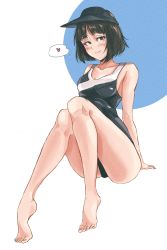Rule 34 | 1girl, absurdres, bare legs, barefoot, black hair, black hat, blue circle, blue one-piece swimsuit, blush, breasts, dhjs 0010, full body, hat, heart, highres, invisible chair, looking at viewer, one-piece swimsuit, original, short hair, sitting, small breasts, smile, solo, spoken heart, swimsuit