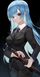 1girl, absurdres, asymmetrical bangs, bangs, black background, black jacket, black pants, black suit, blue eyes, blunt bangs, blunt ends, breasts, commentary, dust, formal, hand on weapon, highres, jacket, jujutsu kaisen, large breasts, light blue hair, long hair, miwa kasumi, pants, r (ryo), scabbard, serious, sheath, shirt, simple background, solo, suit, sword, weapon, white shirt