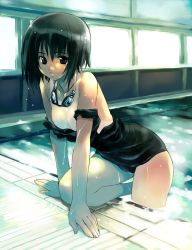 Rule 34 | 1girl, arm support, black eyes, black hair, black one-piece swimsuit, breasts, clothes pull, goggles, goggles around neck, highres, indoors, kneeling, leaning forward, leg up, matsumoto noriyuki, nipples, off shoulder, one-piece swimsuit, one-piece swimsuit pull, one-piece tan, original, pool, poolside, school swimsuit, short hair, small breasts, solo, swimsuit, tan, tanline, topless, undressing, wading, water, wet