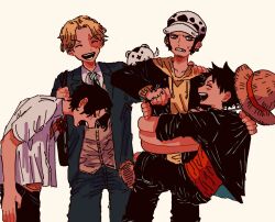 Rule 34 | 4boys, bag, black hair, black jacket, black pants, blonde hair, closed eyes, commentary request, dog, earrings, facial hair, facial scar, freckles, fur hat, goatee, hand tattoo, hat, highres, hood, hoodie, hug, jacket, jewelry, long sleeves, looking at another, maeda (crast 1), male focus, monkey d. luffy, multiple boys, one piece, open mouth, pants, portgas d. ace, sabo (one piece), scar, scar on cheek, scar on face, school bag, school uniform, shirt, short hair, short sleeves, smile, straw hat, stretched limb, tattoo, teeth, trafalgar law, vest, white shirt, yaoi, yellow eyes, yellow hoodie