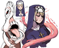 Rule 34 | 1girl, anisa sherzai, blonde hair, cross, cross necklace, double (skullgirls), dual persona, extra eyes, flower, habit, hair flower, hair ornament, jewelry, monster, monster girl, multiple images, necklace, nun, own hands together, red eyes, simple background, skullgirls, smile, solo, tongue, tongue out