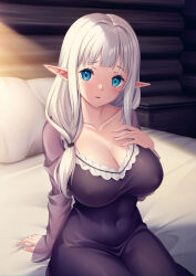 Rule 34 | 1girl, absurdres, arm support, bed sheet, black dress, blue eyes, blunt bangs, blush, breasts, cleavage, collarbone, commentary request, covered erect nipples, curvy, dress, grey hair, hair over shoulder, hand on own chest, highres, indoors, isekai nonbiri nouka, large breasts, long hair, looking at viewer, maijin (ayisaka), open mouth, pillow, pointy ears, rurushi ru, see-through, see-through sleeves, sidelocks, sitting, solo, stomach, wooden wall