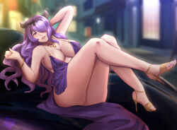 Rule 34 | 1girl, alternate costume, arm up, artist logo, blurry, blurry background, breasts, brown footwear, camilla (fire emblem), collarbone, commentary, depth of field, dress, english commentary, eyelashes, feet, fire emblem, fire emblem fates, hair over one eye, hairband, hand up, high heels, highres, jewelry, knees together feet apart, knees up, large breasts, legs, long hair, looking at viewer, lying, mixed-language commentary, necklace, nintendo, on back, on vehicle, open mouth, parted bangs, purple dress, purple eyes, purple hair, revealing clothes, rinku bny, shadow, sidelocks, signature, solo, strappy heels, thighs, toenails, toes