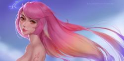 Rule 34 | 10s, 1girl, breasts, cloud, jibril (no game no life), kittew, long hair, looking at viewer, medium breasts, no game no life, orange eyes, out-of-frame censoring, pink hair, sky, solo, tattoo, upper body, watermark, web address, wing ears