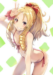 Rule 34 | 10s, 1girl, ass, bent over, bikini, blonde hair, blush, bow, breasts, drill hair, eromanga sensei, front-tie top, grin, hair bow, highres, long hair, looking at viewer, navel, ponytail, red bikini, red bow, red eyes, scrunchie, side-tie bikini bottom, small breasts, smile, solo, sone (takahiro-osone), striped bikini, striped clothes, swimsuit, teeth, twin drills, v, yamada elf