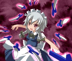 Rule 34 | 1girl, bad id, bad pixiv id, braid, female focus, izayoi sakuya, knife, kotomi (artist), kotomi (happy colors), maid, maid headdress, red eyes, silver hair, solo, embodiment of scarlet devil, throwing knife, touhou, twin braids, weapon
