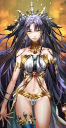 Rule 34 | 1girl, arms at sides, black hair, breasts, commentary request, cropped legs, drill hair, fate/grand order, fate (series), hair between eyes, headwear request, highres, ishtar (fate), long hair, looking at viewer, midriff peek, navel, simple background, solo, tenobe, thigh gap, tohsaka rin, yellow eyes