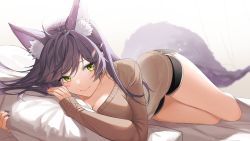 Rule 34 | 1girl, absurdres, ahoge, animal ear fluff, animal ears, black shorts, breasts, brown sweater, cleavage, dolphin shorts, fox ears, fox tail, green eyes, highres, large breasts, long hair, long sleeves, looking at viewer, lying, meridian project, nail polish, on bed, on side, purple hair, purple nails, purple tail, seki (vtuber), shorts, sleeves past wrists, smile, solo, sweater, tail, thighs, tobunchudoku, virtual youtuber