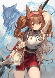 Rule 34 | 1girl, absurdres, angelina (arknights), animal ears, arknights, arm up, beige jacket, black bodysuit, bodysuit, bodysuit under clothes, brown eyes, brown hair, commentary, covered collarbone, cowboy shot, crop top, fox ears, hair between eyes, hairband, halterneck, highres, holding, holding staff, infection monitor (arknights), jacket, long hair, looking at viewer, miniskirt, off shoulder, open clothes, open jacket, originium arts (arknights), parted lips, red hairband, red skirt, shiny skin, shirt, sidelocks, skirt, solo, staff, striped clothes, striped hairband, taku57, teeth, twintails, white shirt, zipper