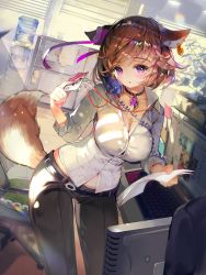 Rule 34 | 1girl, animal ears, belt, blush, breasts, brown pants, buttons, chair, collar, collarbone, collared shirt, corded phone, cowboy shot, crab d, earrings, fox ears, fox tail, jacket, jewelry, large breasts, looking at viewer, monitor, navel, open clothes, open mouth, pants, paper, pencil, phone, purple eyes, purple ribbon, ribbon, shirt, short hair, single earring, solo, swept bangs, tail, white shirt, wing collar