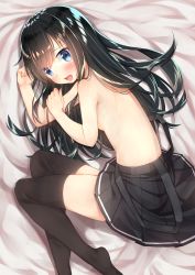 Rule 34 | 10s, 1girl, absurdres, asashio (kancolle), back, bed, bed sheet, black hair, black skirt, black thighhighs, blue eyes, blush, embarrassed, eyebrows, eyes visible through hair, fetal position, flat chest, from above, full body, go-1, highres, kantai collection, long hair, looking at viewer, looking to the side, lying, nail polish, naked skirt, on side, open mouth, pink nails, plantar flexion, pleated skirt, revision, skirt, solo, suspender skirt, suspenders, thighhighs, topless, x-ray, zettai ryouiki