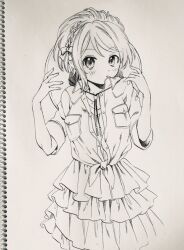Rule 34 | 1girl, :o, blush stickers, bow, braid, collared jacket, commentary request, cropped legs, fingernails, frilled skirt, frills, front-tie top, greyscale, hair bow, high collar, jacket, long sleeves, looking at viewer, love live!, love live! sunshine!!, miniskirt, monochrome, necktie, no+bi=, open clothes, open jacket, open mouth, photo (medium), pocket, shirt, short hair, side braid, skirt, sleeves past elbows, solo, tassel, traditional media, watanabe you