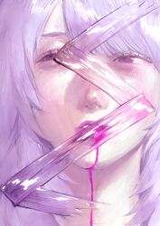 Rule 34 | 1girl, absurdres, blood, blood from mouth, close-up, half-closed eyes, hatena (nazequestion), highres, long hair, looking up, original, parted lips, portrait, purple blood, purple eyes, purple hair, purple theme, solo, tape