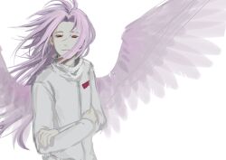 Rule 34 | 1boy, absurdres, chinese commentary, commentary request, crossed arms, feathered wings, hatsutori hajime, highres, long hair, long sleeves, male focus, parted bangs, pink hair, pink wings, red eyes, saibou shinkyoku, shirt, simple background, solo, upper body, white background, white shirt, wings, zhi xi youxiang