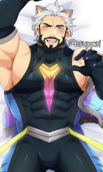 Rule 34 | 1boy, abs, angry, animal ears, armpits, artist name, bara, battle wolf sylas, bear, bed, bed sheet, black hair, blush, bodysuit, elbow gloves, facial hair, fingernails, gloves, jacket, kaiki (osuppai), large pectorals, league of legends, looking at viewer, lying, male focus, manly, mature male, multicolored hair, muscular, muscular male, on back, open clothes, open jacket, pectorals, sharp fingernails, sleeveless, sleeveless bodysuit, solo, sweat, sweatdrop, sylas (league of legends), thick arms, tight clothes, twitter username, white hair, wolf ears