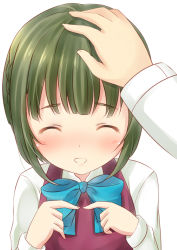 Rule 34 | 10s, 1girl, :d, ^ ^, blunt bangs, blush, bob cut, bow, bowtie, closed eyes, collared shirt, fingers together, hand on another&#039;s head, head pat, headpat, highres, index fingers together, kantai collection, open mouth, school uniform, shirt, short hair, simple background, smile, takanami (kancolle), white background, white shirt, zhou yu (ppaaqz1995)