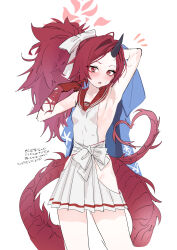 Rule 34 | 1girl, absurdres, armpits, black horns, blue archive, blush, breasts, cowboy shot, dragon tail, eyeshadow, halo, highres, horns, long hair, looking at viewer, makeup, open mouth, pleated skirt, ponytail, red eyes, red eyeshadow, red hair, red halo, red sailor collar, red tail, renge (blue archive), sailor collar, sideboob, single horn, skirt, small breasts, solo, tail, white skirt, yanyo (ogino atsuki)