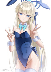 Rule 34 | 1girl, animal ears, aqua necktie, bare shoulders, blonde hair, blue archive, blue eyes, blue leotard, blunt bangs, breasts, cleavage, commentary request, cover, cowboy shot, detached collar, dot mouth, dot nose, fake animal ears, fake tail, halo, highleg, highleg leotard, leotard, long hair, looking at viewer, medium breasts, necktie, official alternate costume, playboy bunny, rabbit tail, signature, simple background, solo, strapless, strapless leotard, tail, thighhighs, thighs, toki (blue archive), toki (bunny) (blue archive), v, very long hair, white background, white thighhighs, wrist cuffs, yu-ip