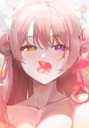 Rule 34 | 1girl, absurdres, bare shoulders, blurry, blurry foreground, blush, braid, breasts, cleavage, collarbone, covered mouth, double bun, eyelashes, flower, flower on face, flower on mouth, hair between eyes, hair bun, hair ornament, heterochromia, highres, light, long hair, looking at viewer, original, pink eyes, pink hair, rabbit hair ornament, red flower, side braid, sidelocks, solo, totomong, yellow eyes