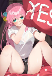 Rule 34 | 1girl, band (skymole01), bare legs, black bra, blue eyes, blush, bocchi the rock!, bra, bra visible through clothes, breasts, commentary, crossed bangs, cube hair ornament, gotoh hitori, hair ornament, highres, holding, holding cushion, large breasts, long hair, looking at viewer, partially visible vulva, pink hair, shirt, short sleeves, sitting, smile, spread legs, t-shirt, thighs, underwear, white shirt