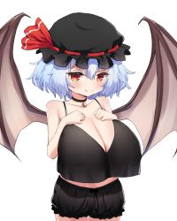 Rule 34 | 1girl, absurdres, alternate breast size, alternate costume, bare shoulders, bat wings, black bloomers, black bow, black choker, black hat, black tank top, bloomers, blue hair, blush, bow, breasts, choker, cleavage, closed mouth, collarbone, covered erect nipples, cowboy shot, eyebrows visible through hat, fang, hair between eyes, hands on own chest, hat, hat ribbon, highres, huge breasts, light purple hair, looking at viewer, midriff, mob cap, oppai loli, red eyes, red ribbon, remilia scarlet, ribbon, short hair, simple background, skin fang, smile, solo, standing, tank top, touhou, underwear, white background, wings, xooku