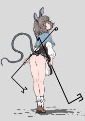 Rule 34 | 1girl, :o, animal ears, arched back, blue capelet, brown footwear, capelet, dowsing rod, dress, from behind, grey background, grey dress, grey hair, grey skirt, grey vest, henriiku (ahemaru), layered clothes, long sleeves, looking back, mouse ears, mouse girl, mouse tail, nazrin, puffy sleeves, red eyes, ribbon-trimmed skirt, ribbon trim, shirt, shoes, short hair, simple background, skirt, skirt set, socks, solo, tail, touhou, vest, white shirt, white socks