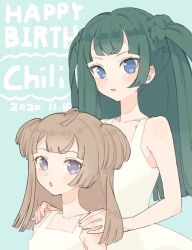 Rule 34 | 2girls, :o, ahoge, bare shoulders, blue eyes, blunt bangs, blunt ends, brown hair, character name, commentary request, dress, dual persona, green hair, hands on another&#039;s shoulders, happy birthday, highres, hyakumangoku masurao, long hair, looking at viewer, multiple girls, open mouth, pretty series, pripara, purple eyes, simple background, sleeveless, sleeveless dress, smile, tsukikawa chili, tsukikawa chili (normal), two side up, upper body