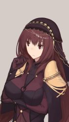 Rule 34 | 1girl, armor, bad id, bad nicoseiga id, bodysuit, breasts, brown hair, fate/grand order, fate (series), large breasts, long hair, mikoto (oi plus), pauldrons, purple bodysuit, red eyes, scathach (fate), shoulder armor, simple background, solo, upper body